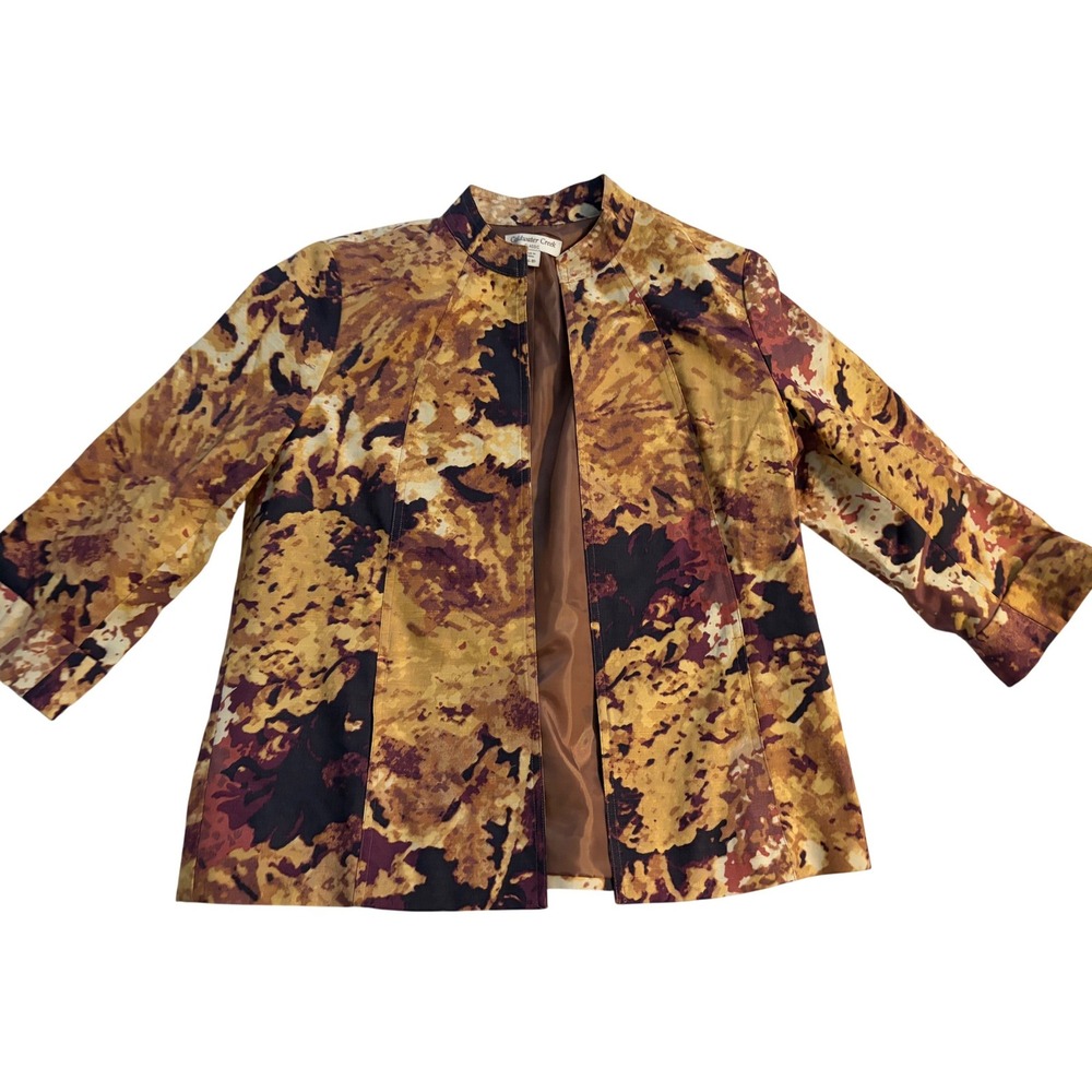 Coldwater Creek Jacket Abstract Floral Gold Burgundy‎ Open Front NWT Small 6-8
